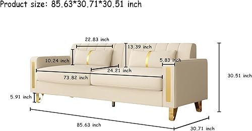 Miniatura 2 de Juego de sofá biplaza de 2 piezas para sala de estar, sofá de terciopelo beige de 86 pulgadas con 4 almohadas y patas de metal dorado, moderno juego