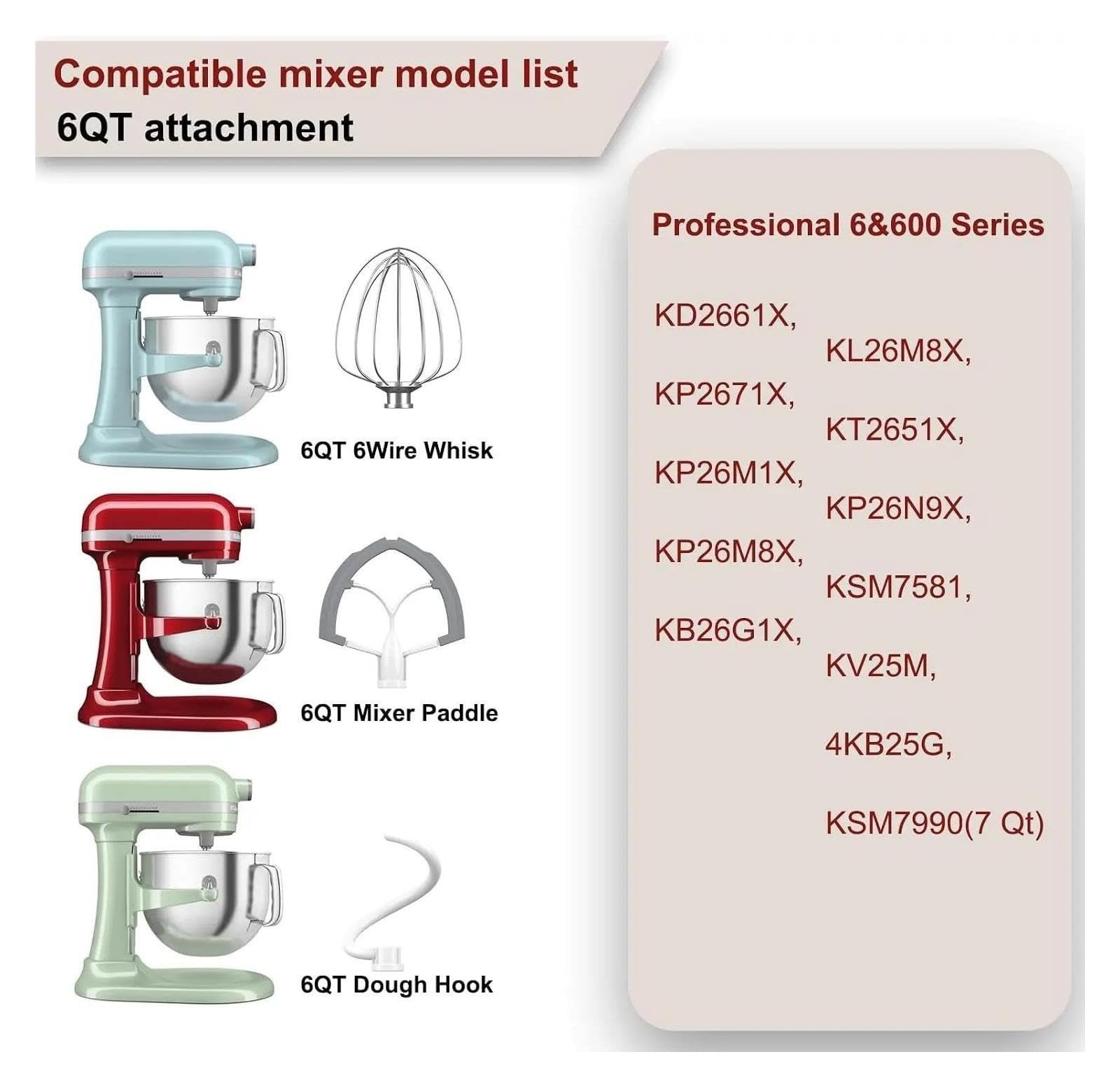 Rührbesen 3er-Pack, Kompatibel Mit KitchenAid, Mixeraufsätze, Kompatibel Mit 6 Quart KN256 6-Draht-Peitsche, Flachem Rührpaddel, Knethakenaufsatz