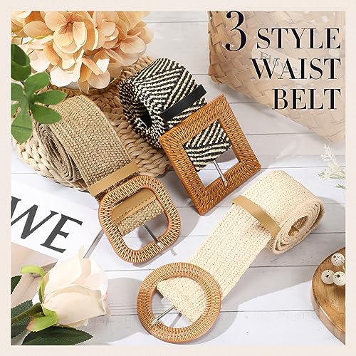 Image of Syhood 3 Pieces Straw Woven Elastic Waist Belt for Women Bohemian Dress Braided Belt