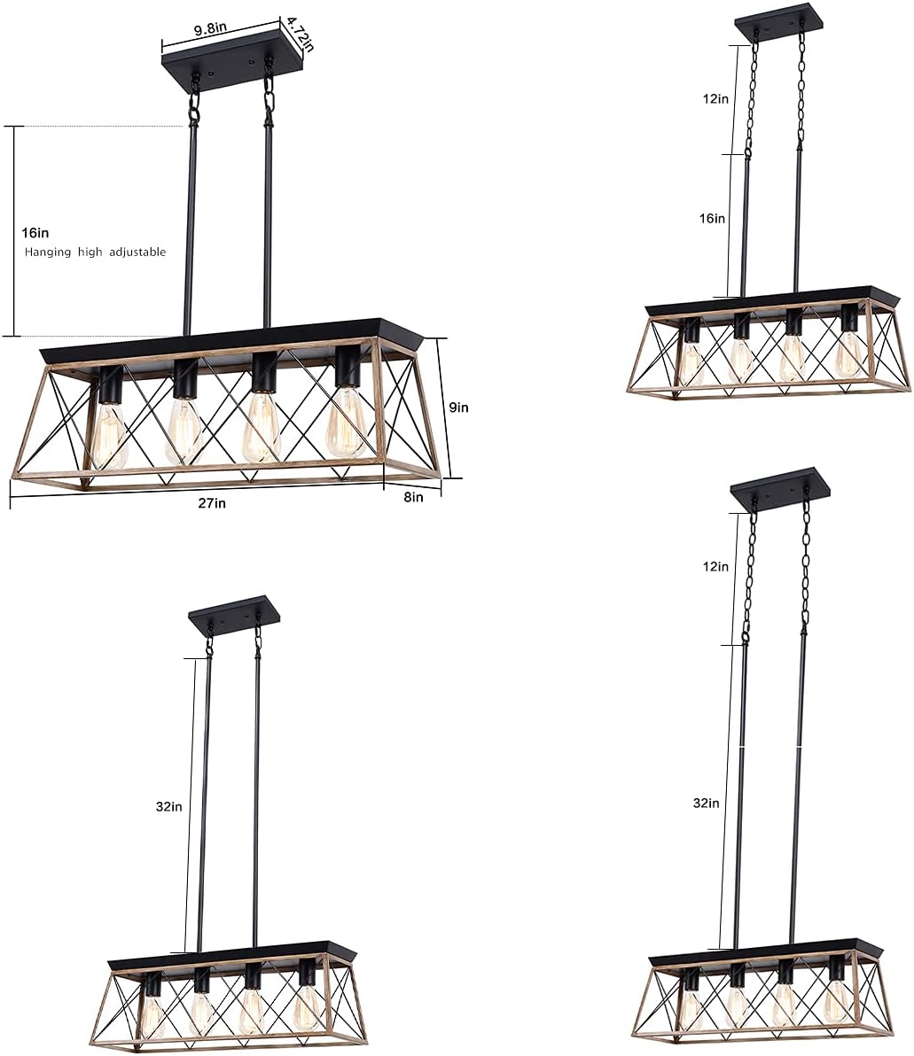 DOTANOT Island Lighting Chandelier Ceiling Pendant Lighting Rectangle Farmhouse Fixtures for Dining Room Kitchen Indoor (Brown 4 Light) - - 