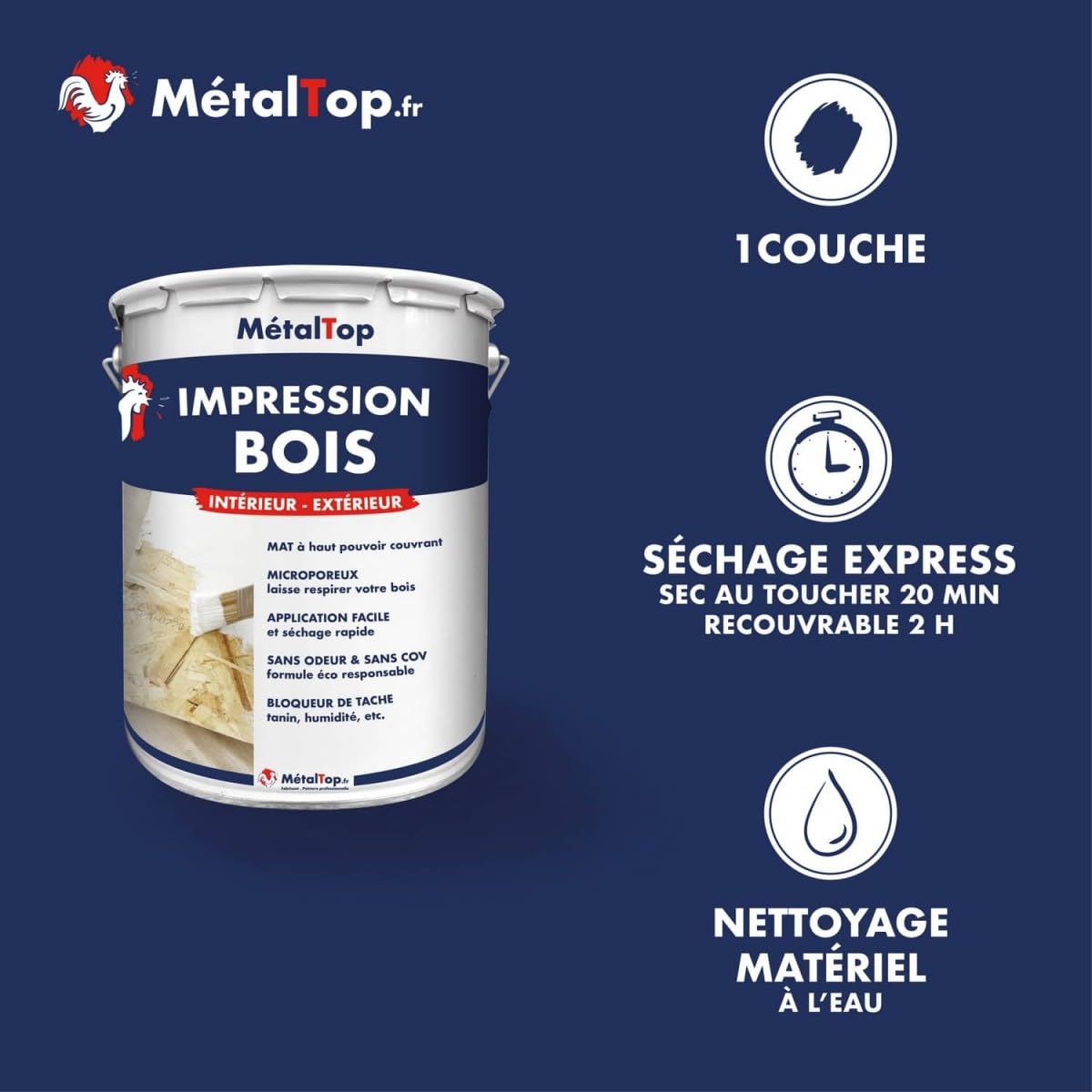 Metaltop - Impression Bois - Blanc - 1 L - Primaire d'accrochage pour bois neufs ou anciens, intérieur et extérieur