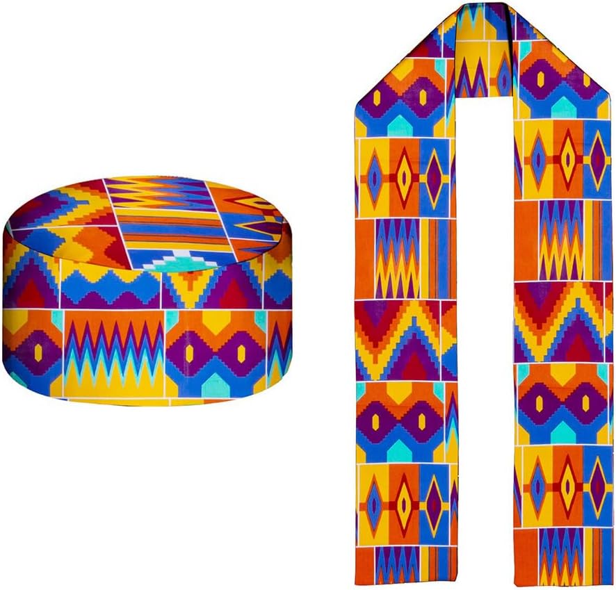 GRACEART African Kente Batik Print Stole Sash Graduation Choir Scarf Shawl Kente Kufi Ankara Hat Set
