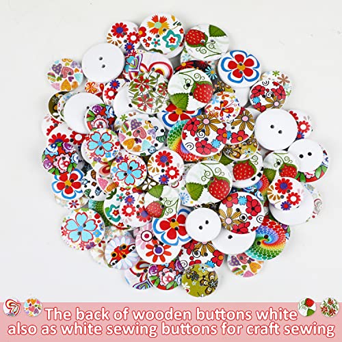 Fingooo 100Pcs Wooden Buttons,25Mm 20Mm Colorful Round Flower Decorative Buttons For Crafts Sewing Cloth Accessories 2 Holes #TOP2