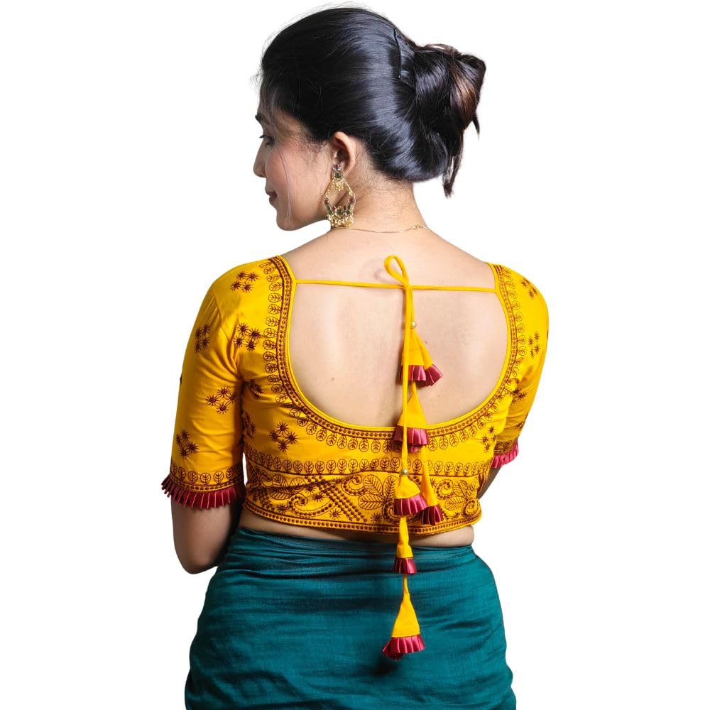 Women Cotton Blend Readymade Blouse Embroidered Elbow Sleeve Saree Blouse Front Open Ethnic Blouse for Lehenga Saree-image-13