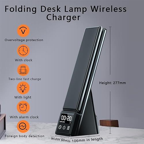 Miniatura 7 de IHAO Lámpara de escritorio LED plegable multifuncional 6 en 1 con cargador inalámbrico, despertador digital, iluminación para el cuidado de los