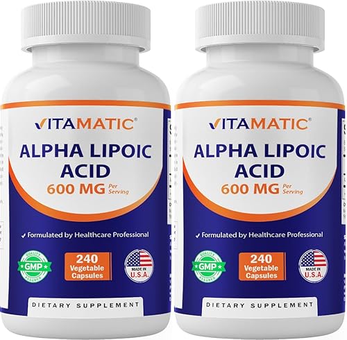 Vitamatic Ácido alfa lipoico (ALA) 600 mg por porción, 240 cápsulas vegetales, 120 porciones, sin OMG y sin gluten, paquete de 2