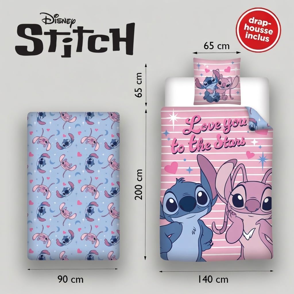 Stitch & Angel Parure de Lit 3 Pièces 140x200 + Drap 90x200 Love Stars | Housse de couette polycoton Oeko-Tex | Compatible 90x190-200 | Love You to the Stars | Licence Disney | Fille | Réversible