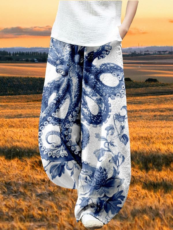 ZOCAVIA Boho Floral Lantern Pants for Women Summer Baggy Japanese Style Wide Leg Pants Elastic Hippie Trouser with Pockets
