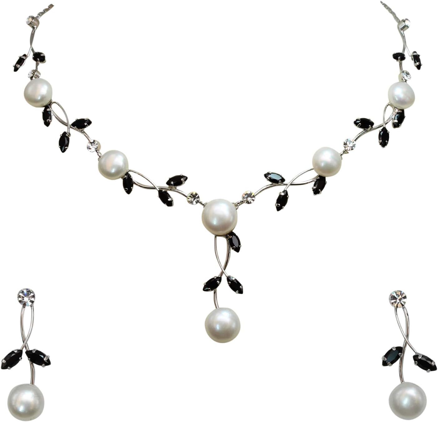 Faship Gorgeous CZ Crystal Genuine Freshwater Pearls Floral Necklace Earrings Set