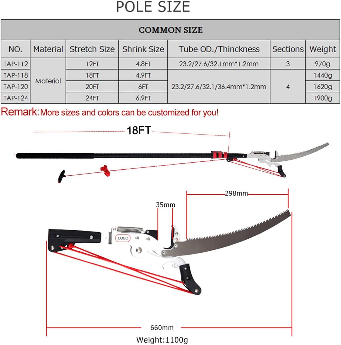 2 in 1 Telescoping Extension Pole 18ft + Pruning Pole Saw, Long Extension Pole Saw with 16.4 Nylon Ropet for Branch Removal