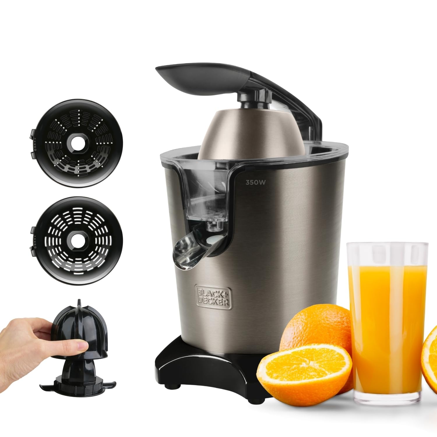 BLACK+DECKER - Presse-Agrumes à Levier 350W | Moteur AC Pro | 2 Cônes | Corps Inox | Réservoir 0,65L/Versement Continu | Anti-Goutte | Filtre Pulpe | Pièces Lavables Lave-Vaisselle | Sans BPA