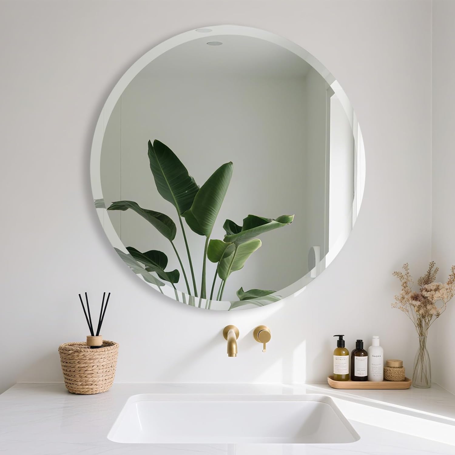 Frameless Round Mirror 24 Inch, Round Mirror with 1 inch Beveled Edge, Beveled Bathroom Mirrors for Vanity, Living Room, Entryways