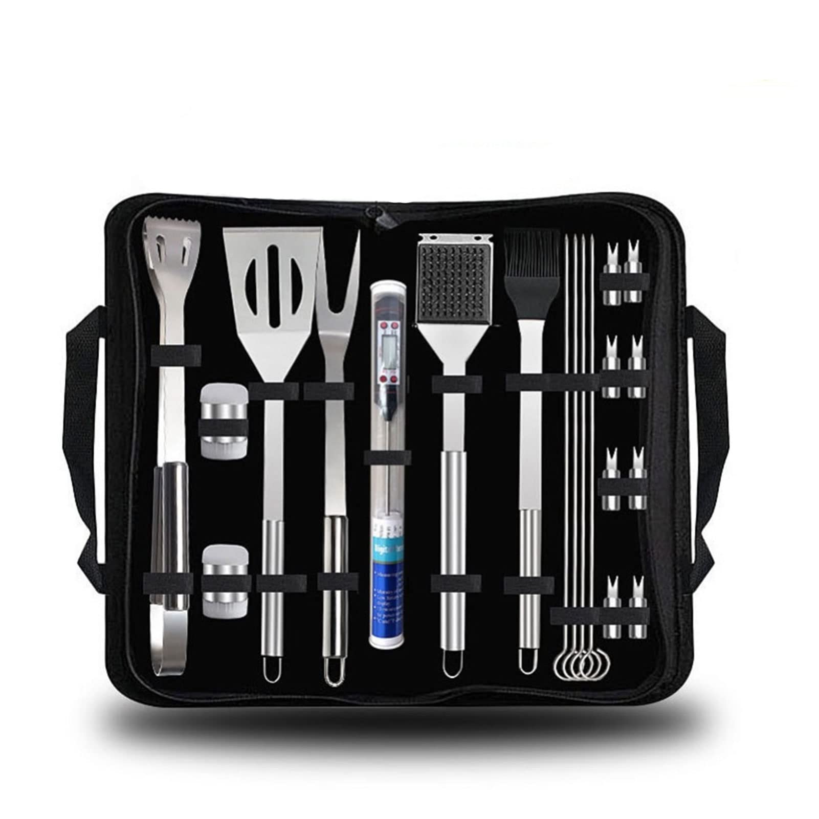 Ensemble d'outils de gril en acier inoxydable 20 pièces pour hommes, ensemble d'outils de barbecue robustes, kit d'accessoires de grillade avec thermomètre et sac de rangement, pour la maison, le cam