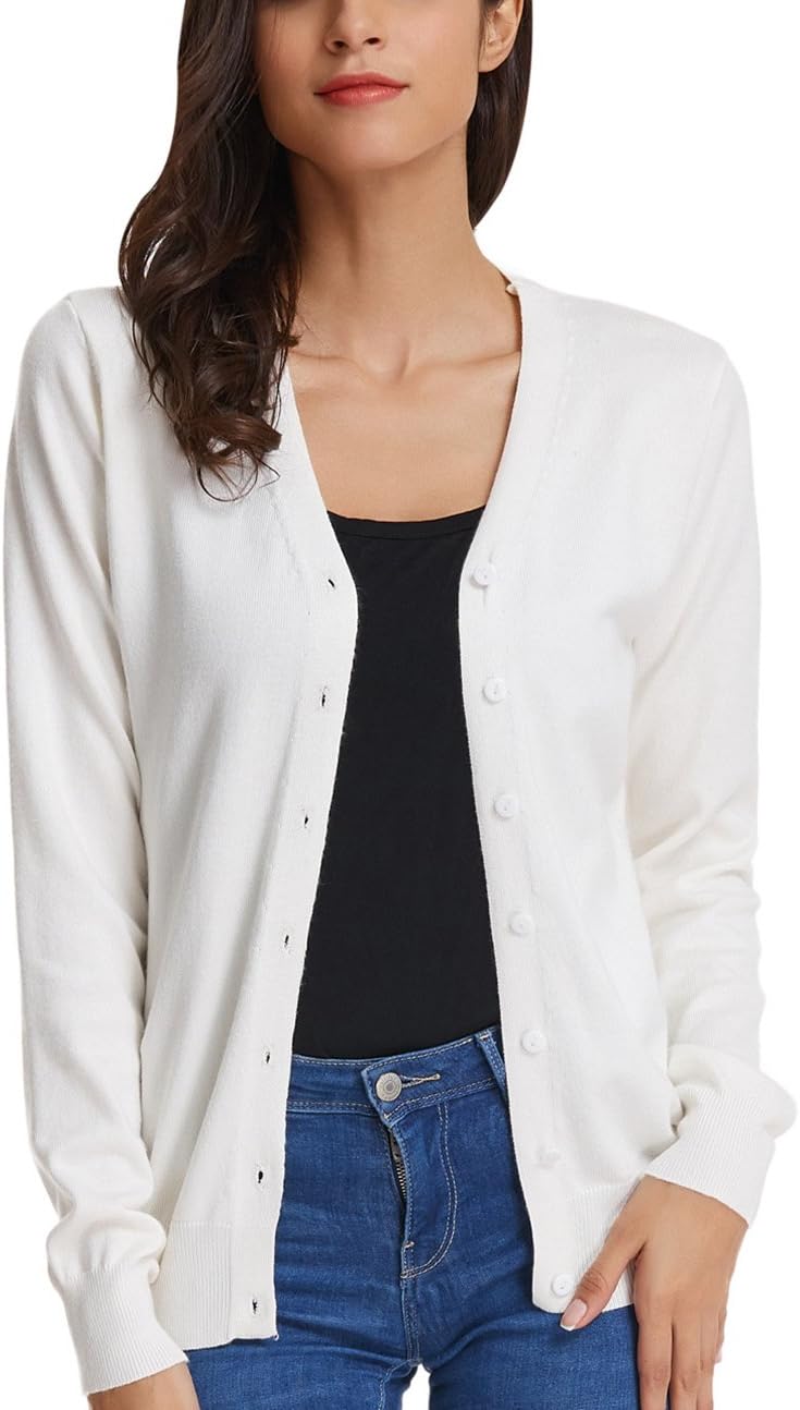 GRACE KARIN Women's Long Sleeve Button Down Vee Neck Classic Sweater Knit Cardigan