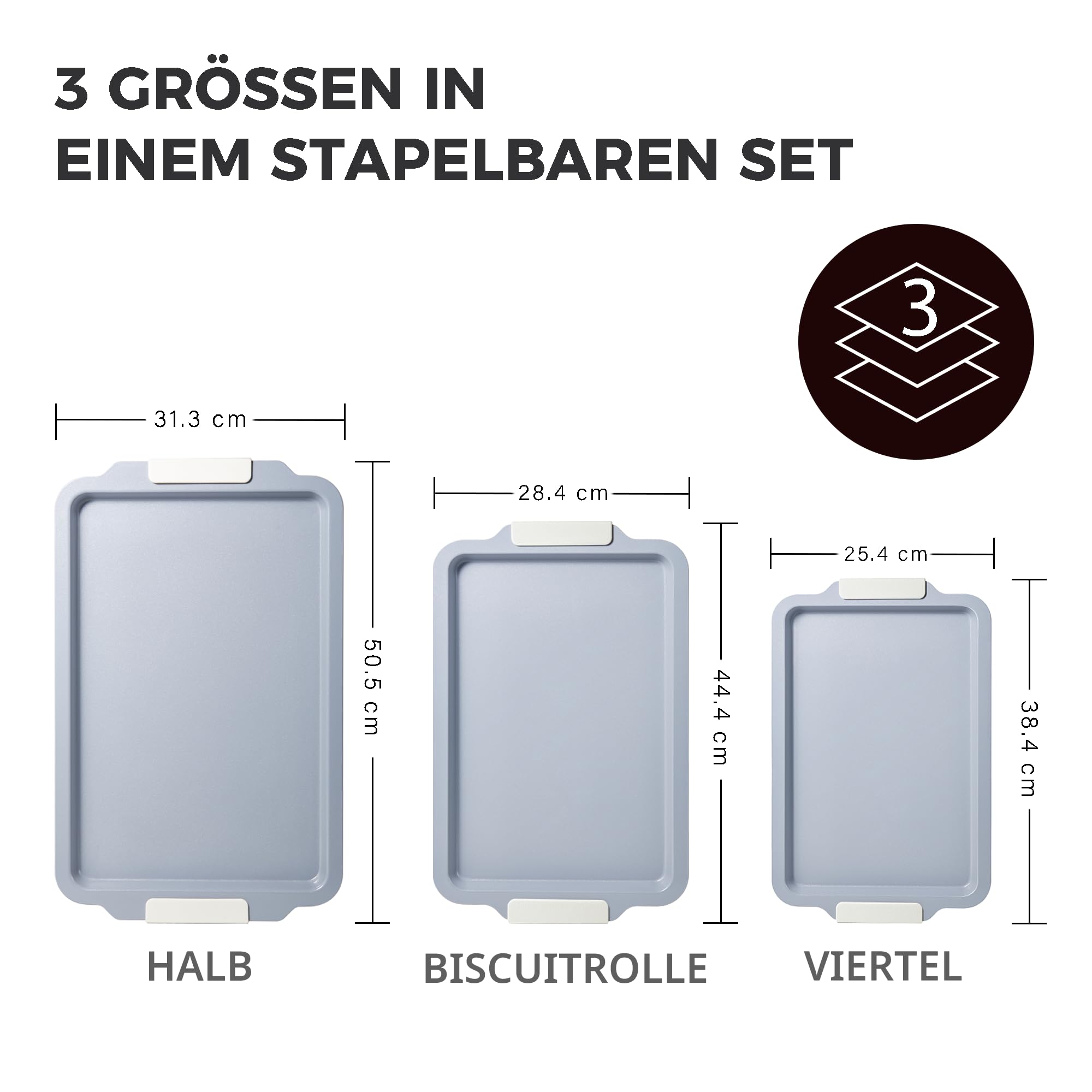 HONGBAKE 3-teiliges Backblech-Set (Viertel/Jelly Roll/Halb), Aluminium-Stahl mit Keramik-Antihaftbeschichtung, stapelbar, hitzebeständig bis 260 °C, PTFE- & PFOA-frei, mit abnehmbaren Silikongriffen