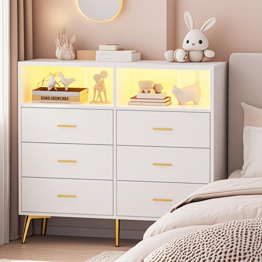Garvee Baby Changing Table Dresser with 6 Drawers & LED Lights, Nursery Dresser with Power Outlet, 2 Open Shelves, Modern Diaper Changing Station and Storage for Bedroom