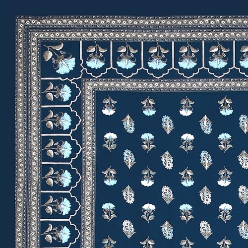 Image of BLOCKS OF INDIA Hand Block Printed 200 TC Cotton Super King Size Bedsheet(106 x 106) | Pack of 1, Batik Blue Flower