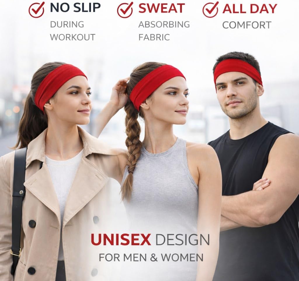 Headbands for Women & Men – Soft Cotton Stretchy Headband, Non-Slip Sweat Band for Workout, Running & Yoga