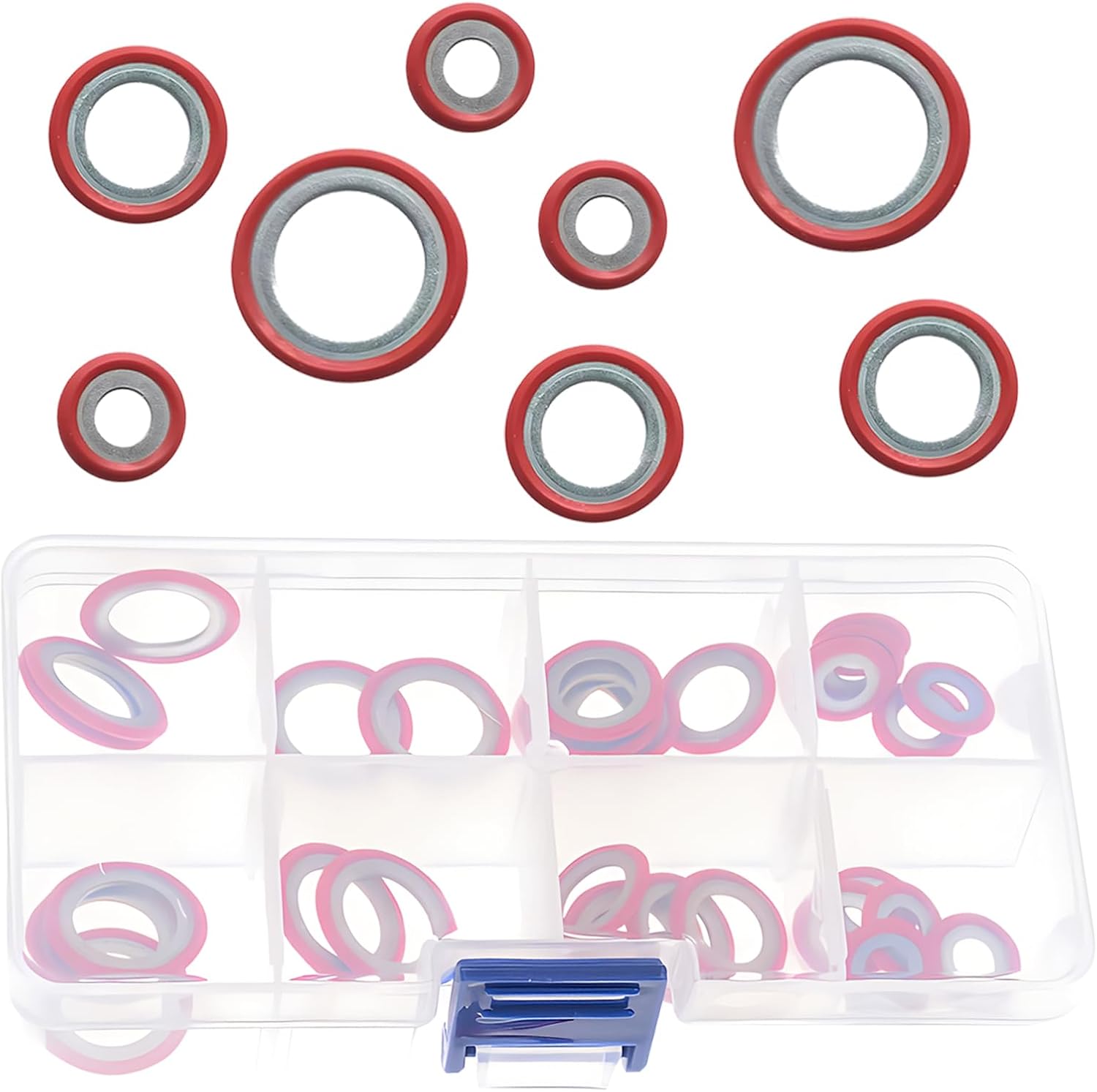 30PCS Air Conditioning Compressor Port Seal Washer, High Temperature Resistant A/C Compressor Cooling Pump Seals, 3 Specification Leak-proof Gaskets, for Most Cars Trucks (Red)