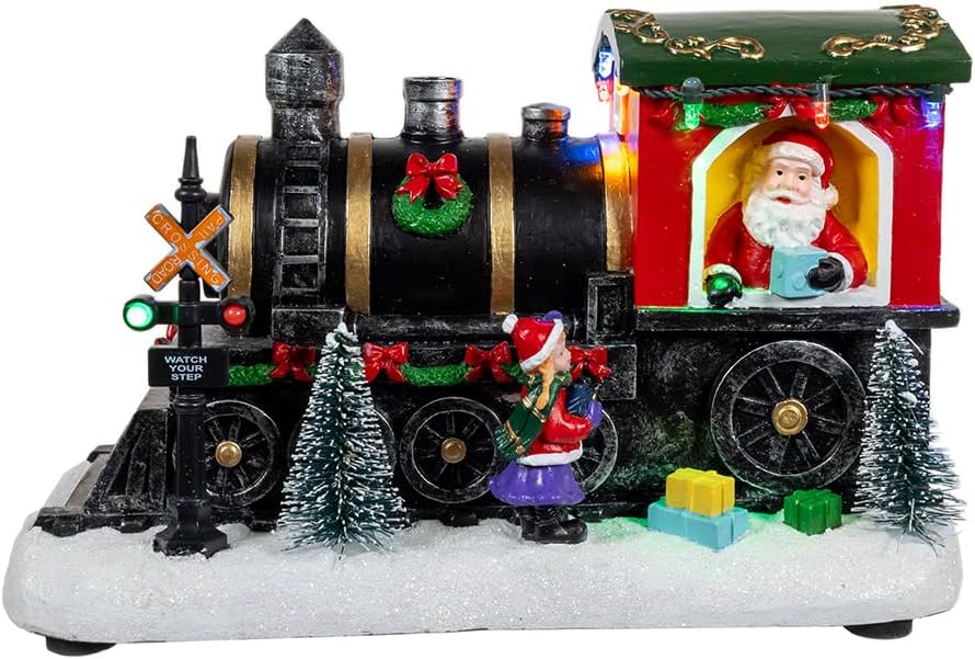Kurt Adler 5.3-inch Battery Operated Lighted Musical Santa Train Table Piece