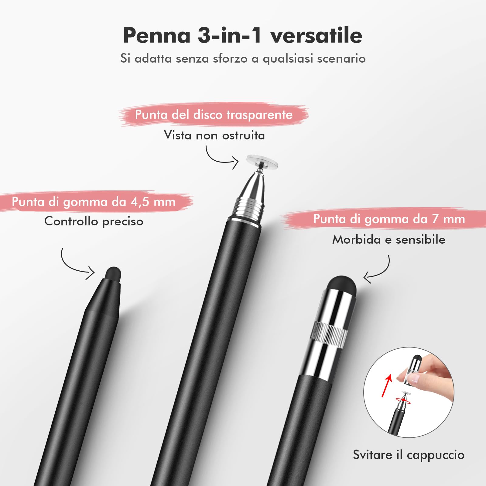 Penna per Tablet MEKO 3 in 1 Penna pour iPad/iPhone/Samsung/Android/IOS, Penna Touch Tablette ad Alta Sensibilità e Precisione con 10 Punte di Ricambio (Nero + Oro Rosa)