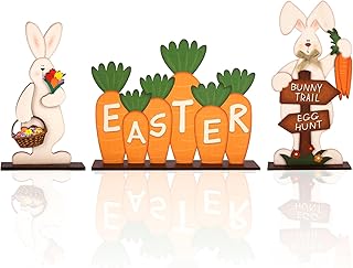 3Pcs Easter Wooden Table Sign Easter Bunny Decorations for Home Egg Hunt Tabletop Centerpiece Easter Eggs Carrot Rustic Farmhouse Decor