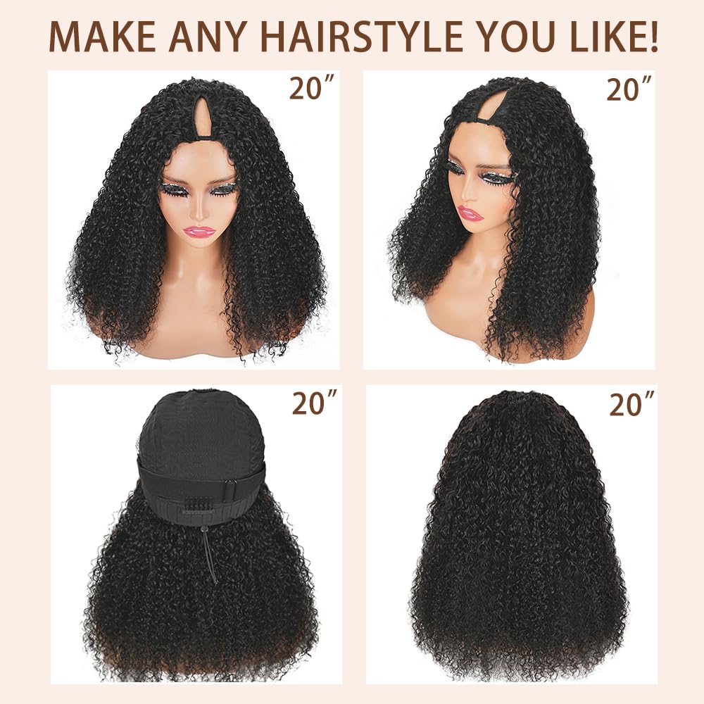V Part Curly Wig Human Hair 200% Density Upgrade U Part Wig with Adjustable Drawstring No Leave Out Glueless V Shape Full Head Clip In Half Wig Human Hair Wig for Black Women Natural Color 14 Inch