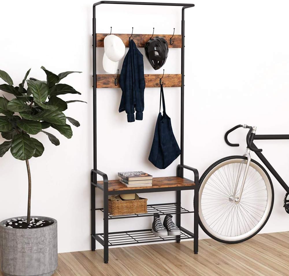 IRONCK Industrial Hall Trees with Bench and Coat Racks, 3-in-1 Hall Tree Entryway Storage Shelf, Accent Furniture with Metal Frame, Easy Assembly, Rustic Brown