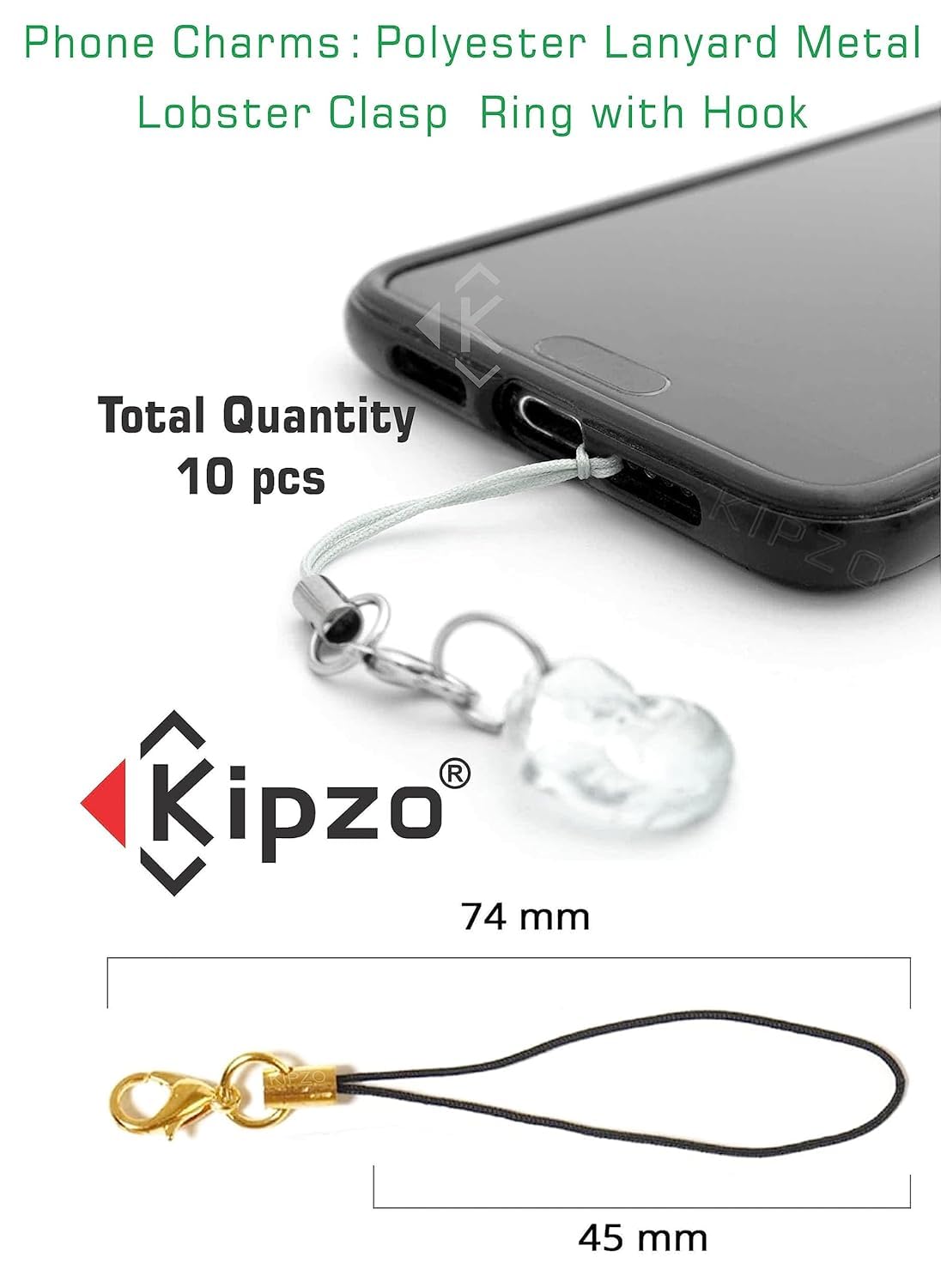 KIPZO® Strong Black Pack of 10 pcs Phone Strap Charm lobster clasp