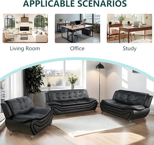Miniatura 6 de Sofá seccional de cuero negro, juego de muebles de sala de estar, juego de 2 piezas de sofá moderno para sala de estar, apartamento, oficina,