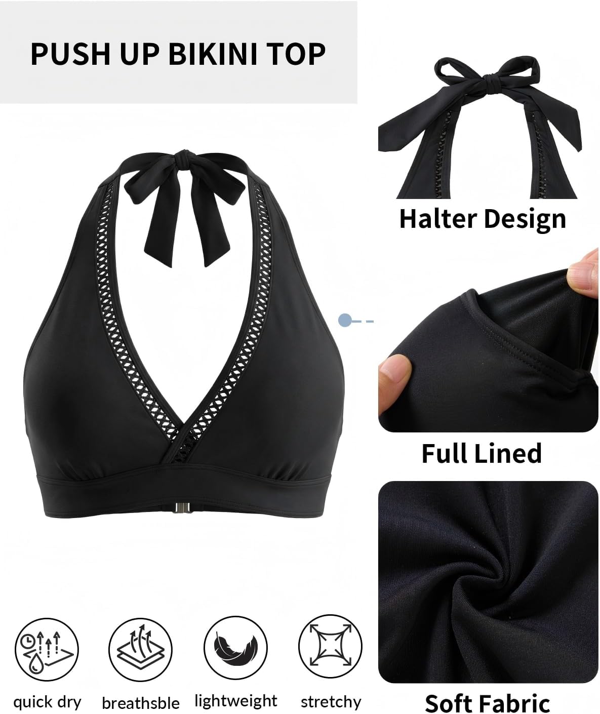 Tempt Me Women Halter Bikini Top - Padded Swimsuit Top V Neck Bathing Suit Tops Only - Image 5