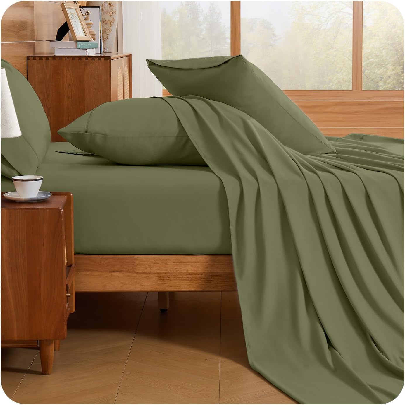 Loyalberry Queen Sheet Set- 6 Piece Breathable & Cooling Sheets | Ultra-Soft Hotel Luxury Bed Sheets | 18" Deep Pocket | Wrinkle, Fade, Stain Resistant (Olive Green, Queen)
