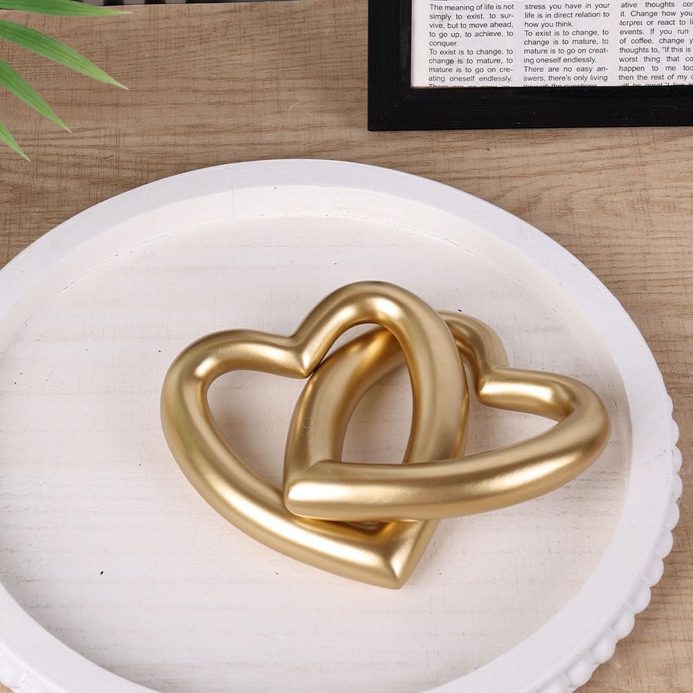 Gold Heart Sculpture Decor - Resin Matte Heart Chain Link Décor Statue for Couple Gifts, Wedding, Anniversary, or Valentine’s Day - Shelf, Mantel, TV Stand, Bedroom, or Coffee Table Decor