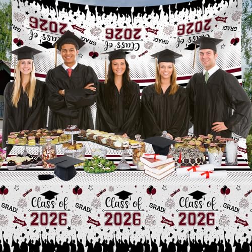 Image of Graduation Decorations Class of 2026 Tablecloth - 3 Pcs Plastic Congrats Grad Table Cloth, Graduations Table Cover for Graduation Party Decorations 2026 and Party Supplies, 54 inchx108 inch (Maroon and Black)