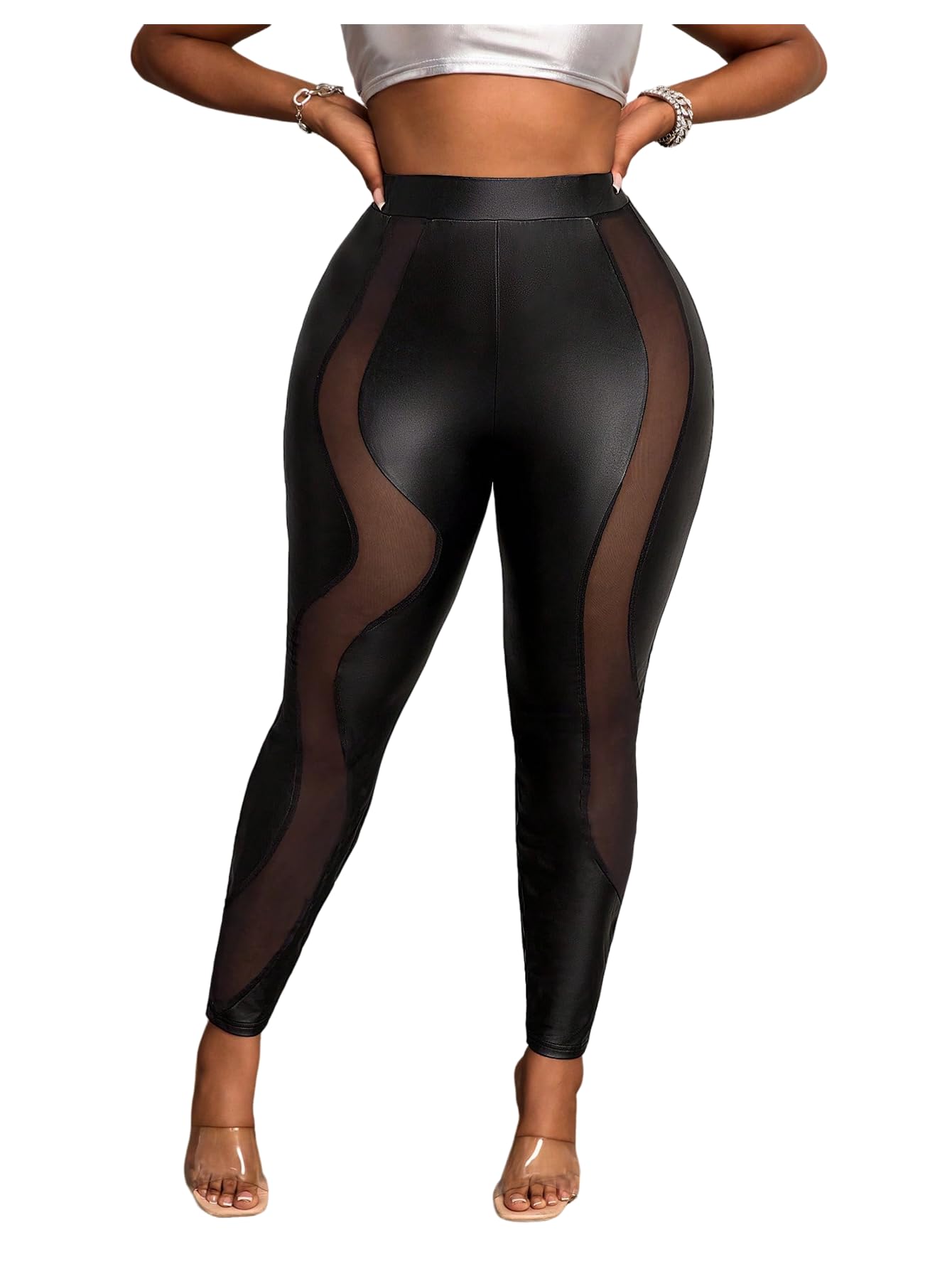 WDIRARA Womens Faux Leather High Waisted Skinny Pants Contrast Mesh Sheer Leggings