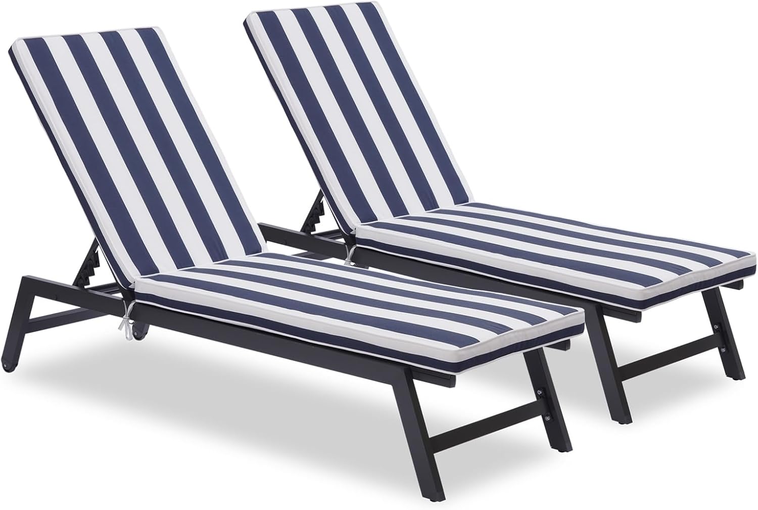 2PCS Set Chaise Lounge Cushions Outdoor with Adjustable Strip， Replacement Lounge Chair Cushions for Outdoor Furniture, Memory Foam Patio Furniture Seat Cushion Chaise Lounge Cushion, Blue Striped