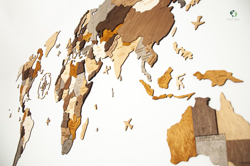 Natura Products Drewniane puzzle 3D, mapa świata – dekoracja ścienna z drewna z kompasem – [małe, 130 x 70 cm, duże 200 x 110 cm) (200 x 110 cm)