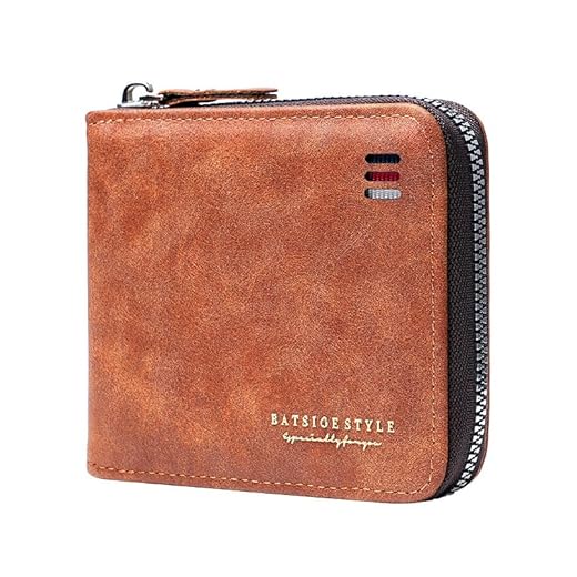 Carteira masculina com bloqueio de RFID, carteira de couro com zíper e compartimento para cartão RFID, Café Leve, Carteiras
