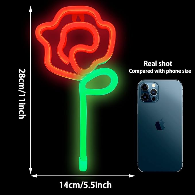 ENUOLI ENUOLI Rose Neon LED Signs Red Rose Flower with Green Stem Art Wall Sign for Cool Light,USB/Battery Operated Night Neon Light Flower Decor for Party,Bedroom,Bar,Wedding,Gift (Red) photo 2