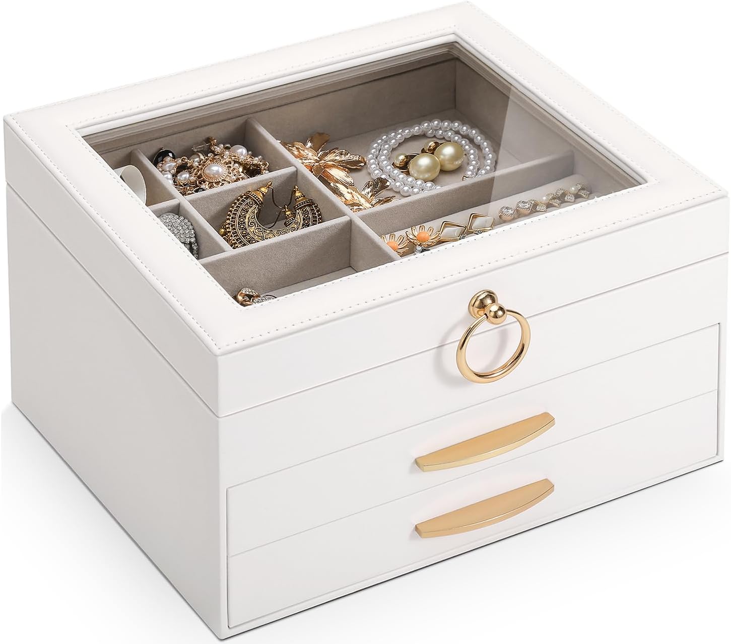 SOLEDI Christmas Gift, Jewelry Box for Women, Elegant Jewelry Organizers and Storage, 3-Layer, 2 Drawers with Glass Lid, 10.2×8.7×6 inches, Jewelry Storag, White