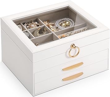 SOLEDI Christmas Gift, Jewelry Box for Women, Elegant Jewelry Organizers and Storage, 3-Layer, 2 Drawers with Glass Lid, 10.28.76 inches, Jewelry Storag, White