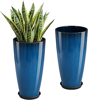 QCQHDU 21 inch Tall Planters for Outdoor & Indoor Plants, Set of 2 Large Outdoor Planters with Drainage Hole for Front Porch, Patio, Garden, Home Decor, Blue