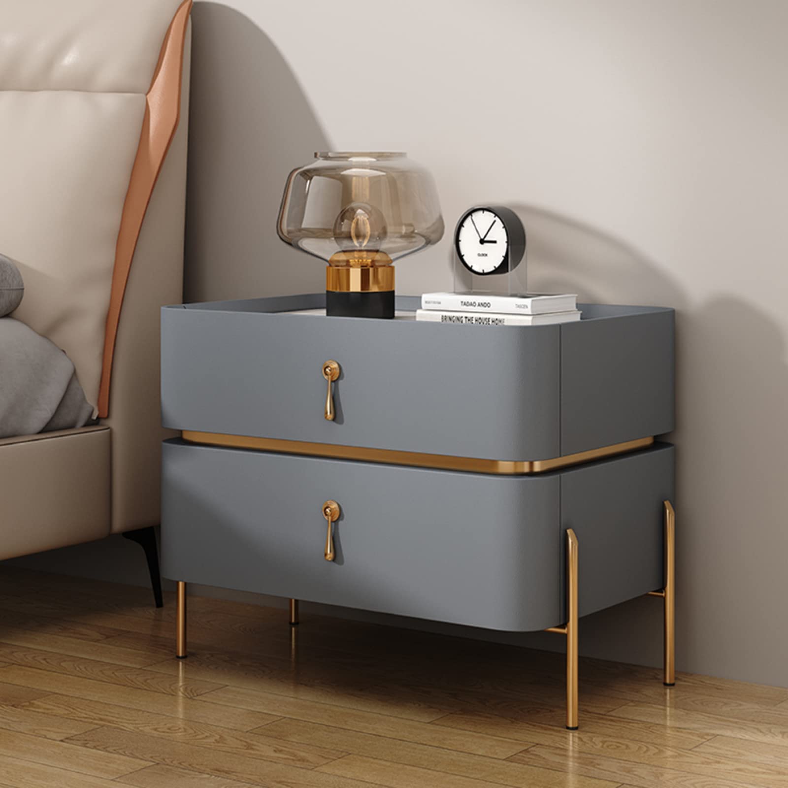 Comodino Moderno di metà secolo con 2 cassetti e Gambe in Metallo. Tavolino da Comodino Contemporaneo per Camera da Letto o Soggiorno. Grigio e Blu. 50x40x50 cm.