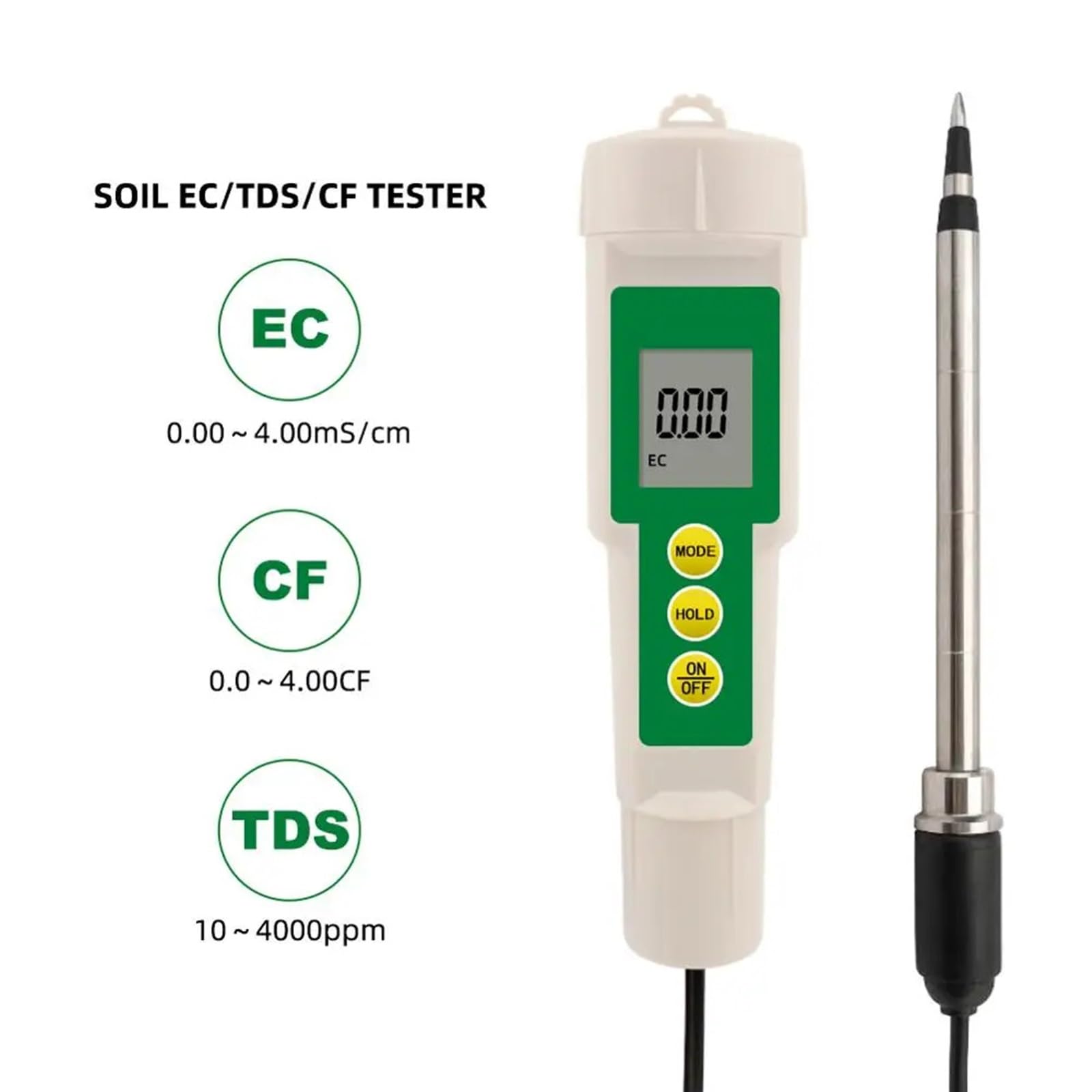 EC-3185 Misuratore di suolo impermeabile Tester di suolo EC/TDS/CF con sonda for coltivazione in serra, coltivazione di orticoltura, laboratorio,Giardino,Prato,Interno,Uso esterno