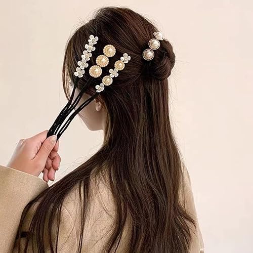 Miniatura 3 de Merisny Máquina para hacer moños de pelo con flores de perlas, 4 piezas, clip mágico, estilo francés, moño en forma de dona, antiguo fabricante de