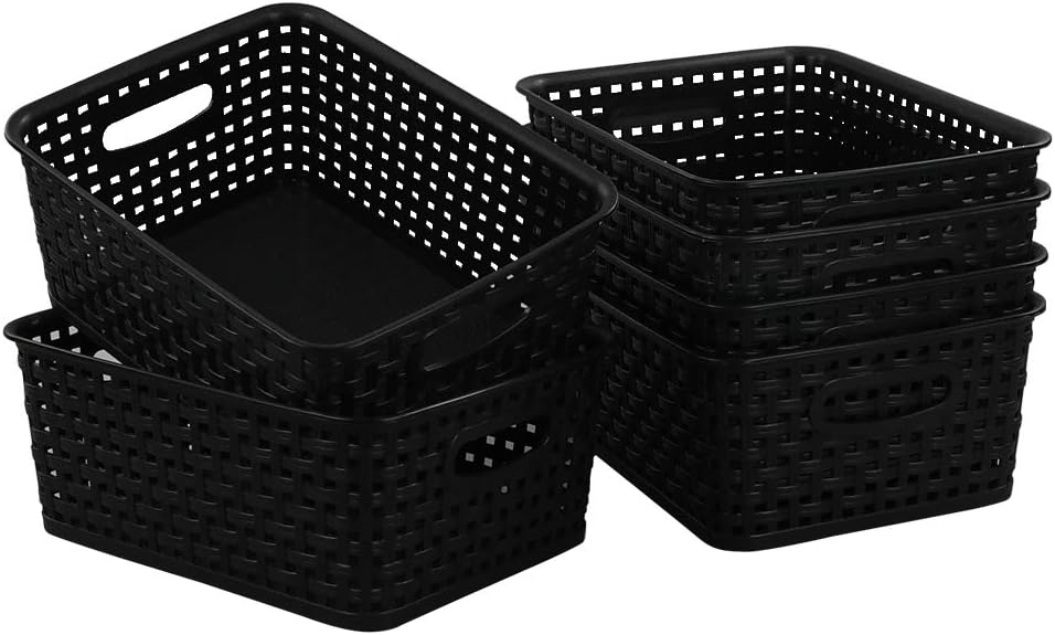 Begale 6-Pack Black Plastic Weave Baskets, Woven Organizer Bins
