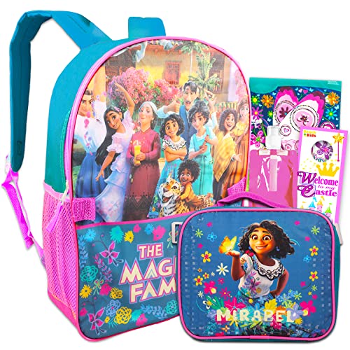 Mochila Encanto com conjunto de lancheira - pacote com mochila Encanto de 40,6 cm, lancheira Encanto, garrafa de água, clipe de mochila, tatuagens temporárias, mais | Mochila Encanto para meninas,