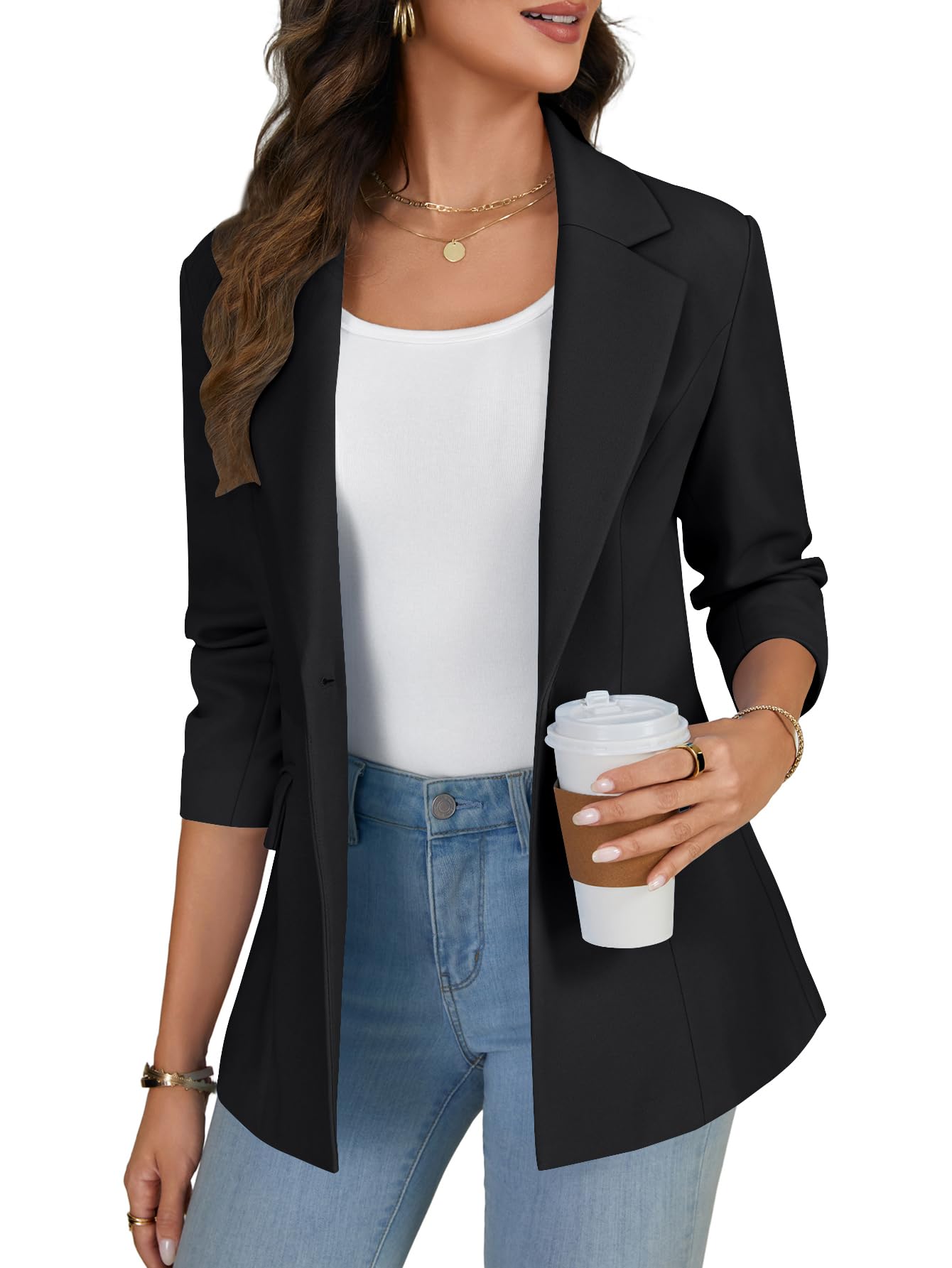 LYANER Womens Open Front Lapel 3 4 Sleeve Button Business Casual Blazer Jackets with Pockets