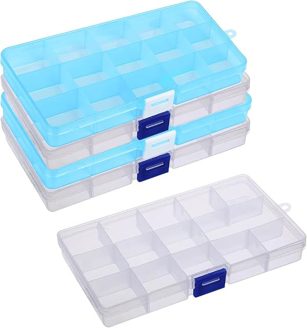 BAMZOK 5pcs Plastic Storage Box with Dividers 15 Grids Clear Bead Storage Case with Compartments Transparent Organiser Boxs for Earrings Rings Diamond Small Jewellery