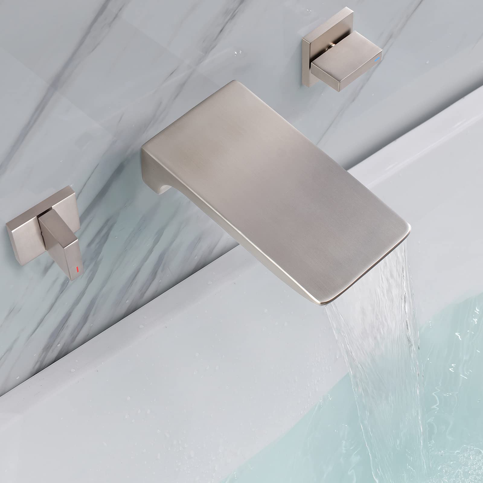 Montura de pared de grifo de cascada, 2 manijas grifo de la bañera de la cascada del cuarto de baño, relleno de la bañera del montaje de la pared, níquel cepillado, KHBFN04U